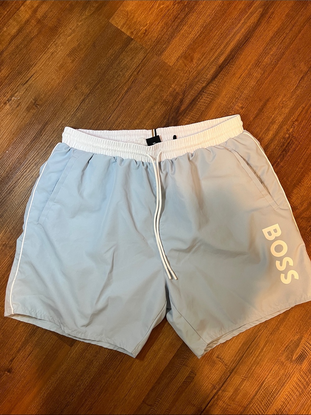 BOSS Vertical-logo-print swim shorts in a light blue, quick-dry Sz XXL